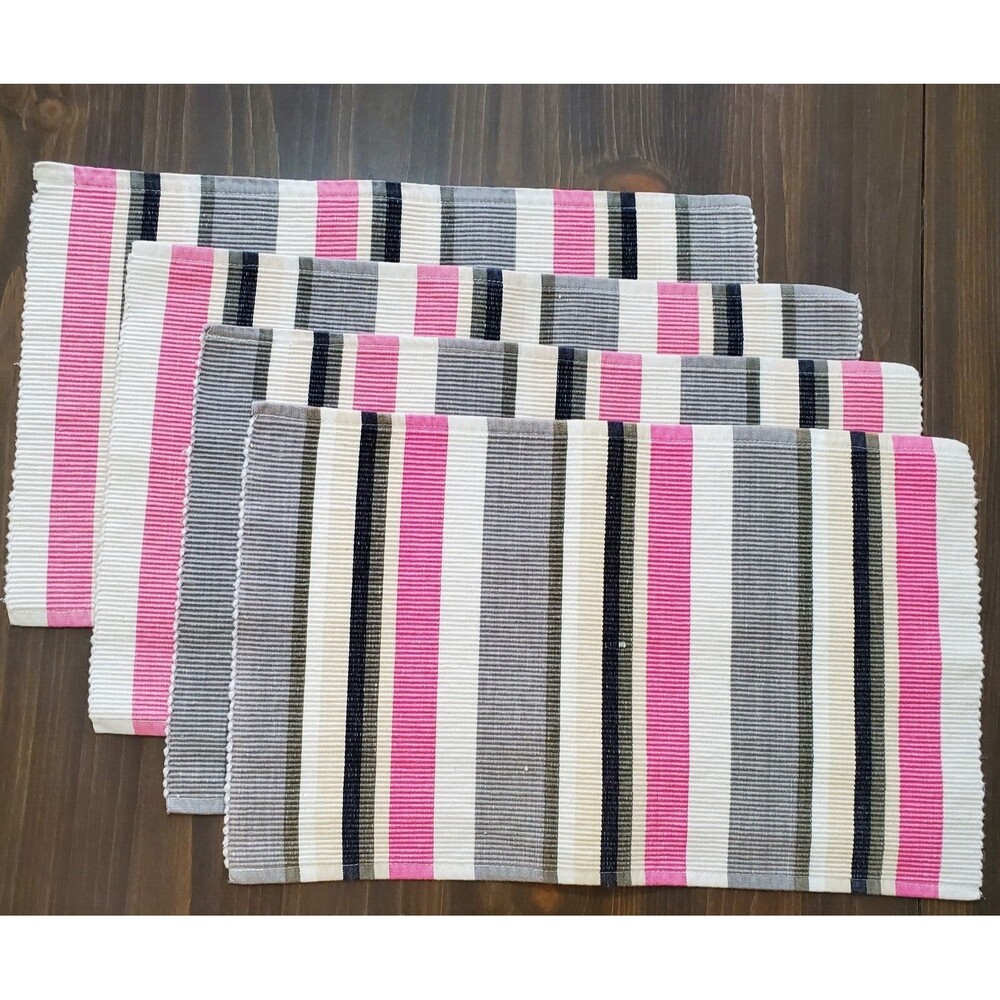 Aman Place Mats 4 Pink Gray White Black Woven Striped 19x12" 100% Cotton Retro